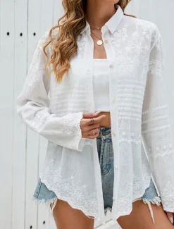 Discount Women's Shirt Blouse Solid Color Elegant Daily Stylish Long Sleeve Shirt Collar Regular Tops Daily Holiday Going out Lace Spring Fall Women Lace Tops