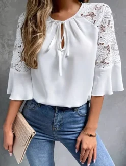 Best Women's Shirt Blouse Solid Color Basic Casual Half Sleeve Crew Neck Regular Tops Wedding Guest Work Daily Lace Summer Spring Women Lace Tops