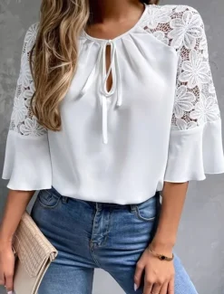 Best Women's Shirt Blouse Solid Color Basic Casual Half Sleeve Crew Neck Regular Tops Wedding Guest Work Daily Lace Summer Spring Women Lace Tops