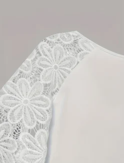 Best Women's Shirt Blouse Solid Color Basic Casual Half Sleeve Crew Neck Regular Tops Wedding Guest Work Daily Lace Summer Spring Women Lace Tops