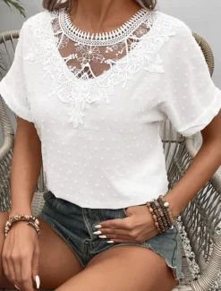 Outlet Women's Shirt Blouse Solid Color Elegant Stylish Basic Short Sleeve Crew Neck Regular Tops Daily Lace Embroidered Summer Spring Women Shirts