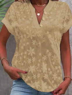 Sale Women's Shirt Blouse Solid Color Stylish Casual Short Sleeve Notched Neck Regular Tops Daily Lace Patchwork Buttons Black White Blue Khaki Summer Women Lace Tops