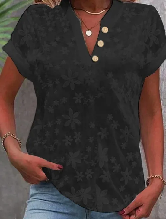 Sale Women's Shirt Blouse Solid Color Stylish Casual Short Sleeve Notched Neck Regular Tops Daily Lace Patchwork Buttons Black White Blue Khaki Summer Women Lace Tops