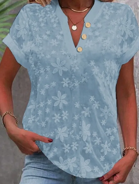 Sale Women's Shirt Blouse Solid Color Stylish Casual Short Sleeve Notched Neck Regular Tops Daily Lace Patchwork Buttons Black White Blue Khaki Summer Women Lace Tops
