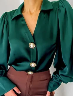 Sale Women's Shirt Blouse Solid Color Elegant Modern Casual Long Sleeve V Neck Shirt Collar Regular Tops Wedding Guest Work Daily Buttons Black Red Green Summer Spring Fall Women Blouses & Shirts