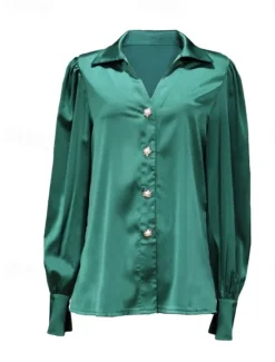 Sale Women's Shirt Blouse Solid Color Elegant Modern Casual Long Sleeve V Neck Shirt Collar Regular Tops Wedding Guest Work Daily Buttons Black Red Green Summer Spring Fall Women Blouses & Shirts