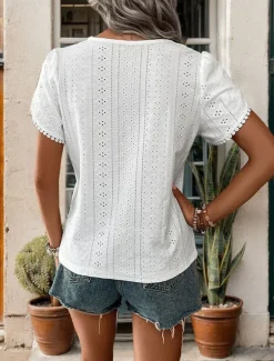 Hot Women's Shirt Blouse Solid Color Elegant Stylish Basic Short Sleeve V Neck Regular Tops Daily Lace Summer Spring Women Blouses & Shirts