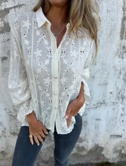 Outlet Women's Shirt Blouse Solid Color Stylish Casual Long Sleeve Shirt Collar Regular Tops Daily Buttons Eyelet White Beige Summer Spring Women Lace Tops