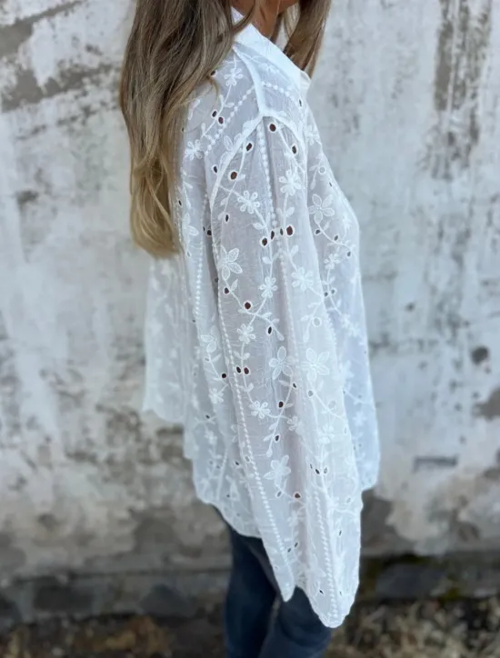 Outlet Women's Shirt Blouse Solid Color Stylish Casual Long Sleeve Shirt Collar Regular Tops Daily Buttons Eyelet White Beige Summer Spring Women Lace Tops