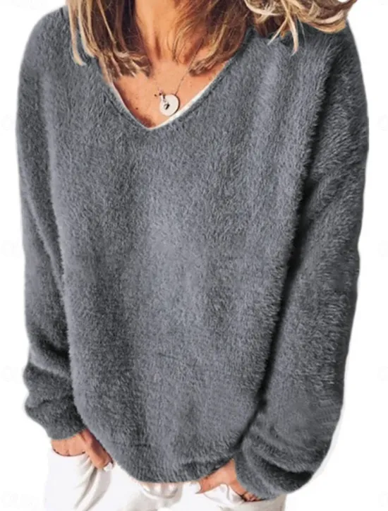 Outlet Women's Shirt Blouse Solid Color Basic Casual Long Sleeve V Neck Regular Tops Daily Patchwork Wine Blue Gray Spring & Fall Women Pullovers & Tops