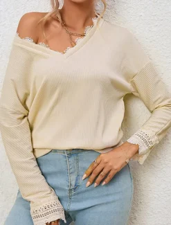 New Women's Shirt Blouse Solid Color Casual 3/4 Length Sleeve V Neck Regular Tops Daily Lace Patchwork Blue Beige Summer Spring Women Lace Tops
