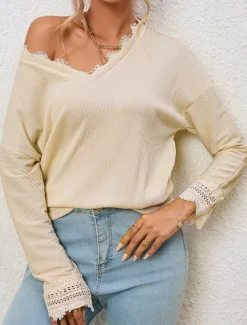 New Women's Shirt Blouse Solid Color Casual 3/4 Length Sleeve V Neck Regular Tops Daily Lace Patchwork Blue Beige Summer Spring Women Lace Tops