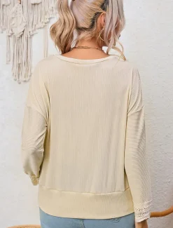New Women's Shirt Blouse Solid Color Casual 3/4 Length Sleeve V Neck Regular Tops Daily Lace Patchwork Blue Beige Summer Spring Women Lace Tops