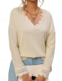 New Women's Shirt Blouse Solid Color Casual 3/4 Length Sleeve V Neck Regular Tops Daily Lace Patchwork Blue Beige Summer Spring Women Lace Tops