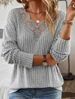 Clearance Women's Shirt Blouse Solid Color Basic Casual Long Sleeve V Neck Regular Tops Daily Lace Patchwork Fall Winter Women Lace Tops