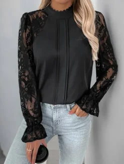 Sale Women's Shirt Blouse Solid Color Basic Casual Long Sleeve Turtleneck Regular Tops Daily Lace Patchwork Summer Spring Women Lace Tops