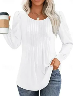 Hot Women's Shirt Blouse Solid Color Basic Casual Long Sleeve Crew Neck Regular Tops Daily Ruched Black White Pink Wine Blue Summer Spring Women Blouses & Shirts