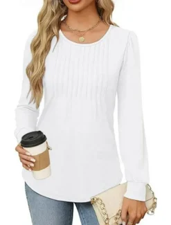 Hot Women's Shirt Blouse Solid Color Basic Casual Long Sleeve Crew Neck Regular Tops Daily Ruched Black White Pink Wine Blue Summer Spring Women Blouses & Shirts