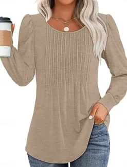 Hot Women's Shirt Blouse Solid Color Basic Casual Long Sleeve Crew Neck Regular Tops Daily Ruched Black White Pink Wine Blue Summer Spring Women Blouses & Shirts