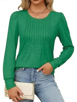 Hot Women's Shirt Blouse Solid Color Basic Casual Long Sleeve Crew Neck Regular Tops Daily Ruched Black White Pink Wine Blue Summer Spring Women Blouses & Shirts