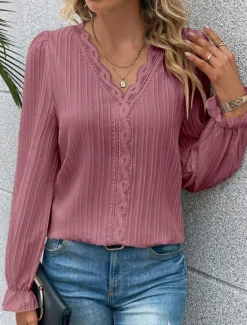 Clearance Women's Shirt Blouse Solid Color Stylish Casual Long Sleeve V Neck Regular Tops Daily Lace Patchwork White Blue Purple Fuchsia Summer Spring Women Lace Tops