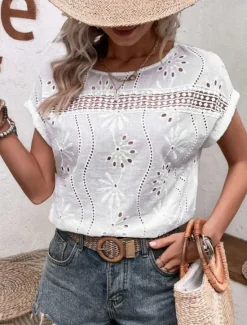 Best Women's Shirt Blouse Solid Color Stylish Casual Short Sleeve Crew Neck Regular Tops Daily Embroidered Eyelet Summer Spring Fall Women Shirts|Lace Tops
