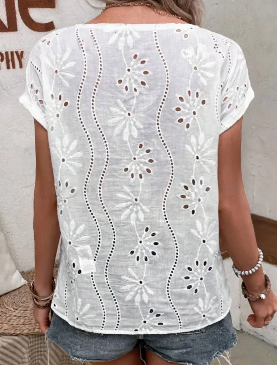 Best Women's Shirt Blouse Solid Color Stylish Casual Short Sleeve Crew Neck Regular Tops Daily Embroidered Eyelet Summer Spring Fall Women Shirts|Lace Tops