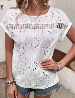 Best Women's Shirt Blouse Solid Color Stylish Casual Short Sleeve Crew Neck Regular Tops Daily Embroidered Eyelet Summer Spring Fall Women Shirts|Lace Tops
