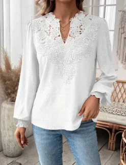 Online Women's Shirt Blouse Solid Color Basic Casual Long Sleeve V Neck Regular Tops Daily Going out Lace Patchwork Maroon White Green Spring Fall Winter Women Blouses & Shirts