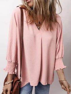 Best Women's Shirt Blouse Solid Color Basic Casual Long Sleeve V Neck Regular Tops Daily Patchwork Buttons Pink Blue Beige Fall Winter Women Blouses & Shirts