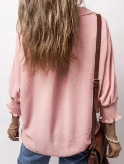 Best Women's Shirt Blouse Solid Color Basic Casual Long Sleeve V Neck Regular Tops Daily Patchwork Buttons Pink Blue Beige Fall Winter Women Blouses & Shirts
