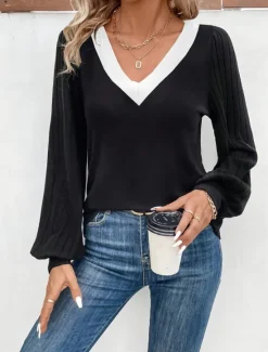 New Women's Shirt Blouse Solid Color Stylish Casual Long Sleeve V Neck Regular Tops Daily Patchwork Summer Spring Fall Women T-Shirts|Blouses & Shirts