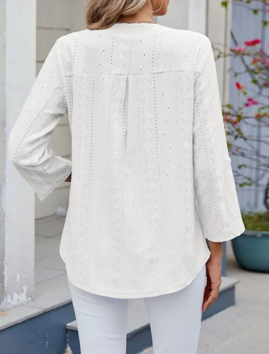 Hot Women's Shirt Blouse Solid Color Basic Casual Long Sleeve V Neck Regular Tops Daily Eyelet Black White Blue Spring Fall Women Lace Tops