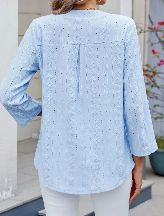 Hot Women's Shirt Blouse Solid Color Basic Casual Long Sleeve V Neck Regular Tops Daily Eyelet Black White Blue Spring Fall Women Lace Tops