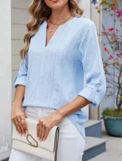 Hot Women's Shirt Blouse Solid Color Basic Casual Long Sleeve V Neck Regular Tops Daily Eyelet Black White Blue Spring Fall Women Lace Tops