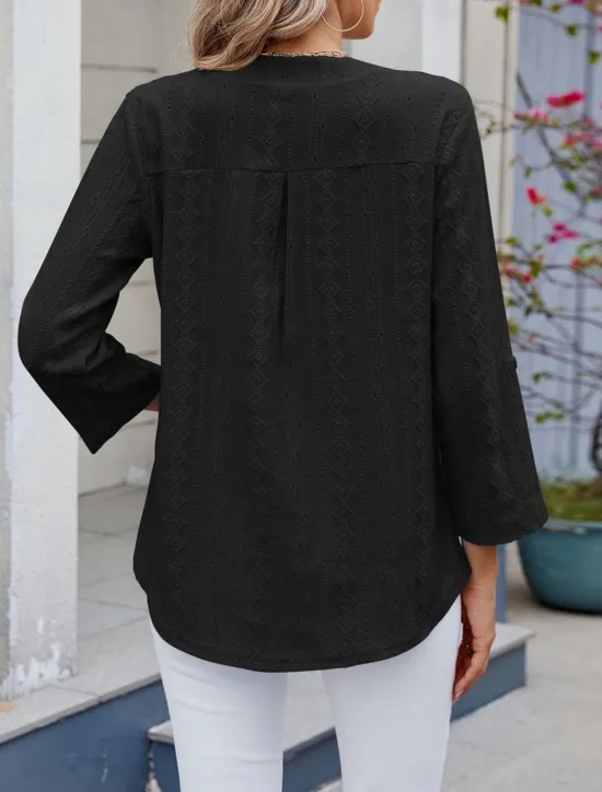 Hot Women's Shirt Blouse Solid Color Basic Casual Long Sleeve V Neck Regular Tops Daily Eyelet Black White Blue Spring Fall Women Lace Tops
