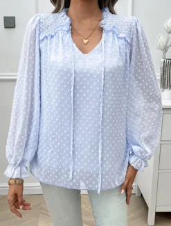 New Women's Shirt Blouse Solid Color Stylish Casual Long Sleeve V Neck Regular Tops Daily Lace Ruffle Patchwork White Pink Blue Khaki Summer Spring Women Lace Tops