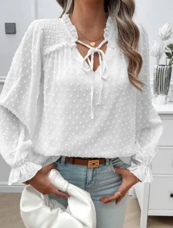 New Women's Shirt Blouse Solid Color Stylish Casual Long Sleeve V Neck Regular Tops Daily Lace Ruffle Patchwork White Pink Blue Khaki Summer Spring Women Lace Tops