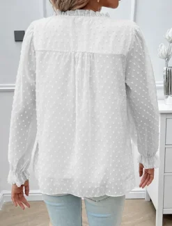 New Women's Shirt Blouse Solid Color Stylish Casual Long Sleeve V Neck Regular Tops Daily Lace Ruffle Patchwork White Pink Blue Khaki Summer Spring Women Lace Tops