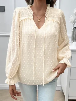New Women's Shirt Blouse Solid Color Stylish Casual Long Sleeve V Neck Regular Tops Daily Lace Ruffle Patchwork White Pink Blue Khaki Summer Spring Women Lace Tops