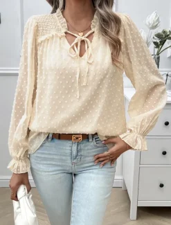 New Women's Shirt Blouse Solid Color Stylish Casual Long Sleeve V Neck Regular Tops Daily Lace Ruffle Patchwork White Pink Blue Khaki Summer Spring Women Lace Tops