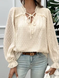 New Women's Shirt Blouse Solid Color Stylish Casual Long Sleeve V Neck Regular Tops Daily Lace Ruffle Patchwork White Pink Blue Khaki Summer Spring Women Lace Tops