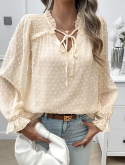 New Women's Shirt Blouse Solid Color Stylish Casual Long Sleeve V Neck Regular Tops Daily Lace Ruffle Patchwork White Pink Blue Khaki Summer Spring Women Lace Tops