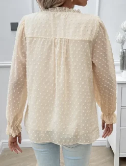 New Women's Shirt Blouse Solid Color Stylish Casual Long Sleeve V Neck Regular Tops Daily Lace Ruffle Patchwork White Pink Blue Khaki Summer Spring Women Lace Tops