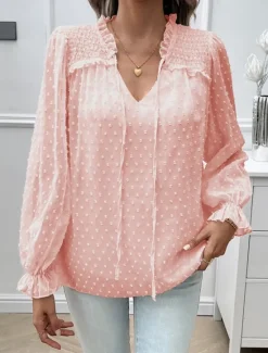 New Women's Shirt Blouse Solid Color Stylish Casual Long Sleeve V Neck Regular Tops Daily Lace Ruffle Patchwork White Pink Blue Khaki Summer Spring Women Lace Tops