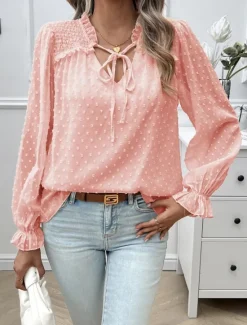 New Women's Shirt Blouse Solid Color Stylish Casual Long Sleeve V Neck Regular Tops Daily Lace Ruffle Patchwork White Pink Blue Khaki Summer Spring Women Lace Tops