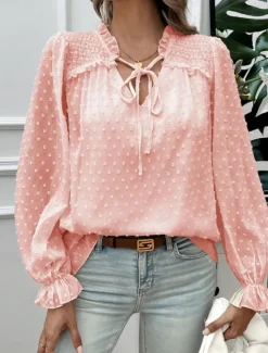 New Women's Shirt Blouse Solid Color Stylish Casual Long Sleeve V Neck Regular Tops Daily Lace Ruffle Patchwork White Pink Blue Khaki Summer Spring Women Lace Tops