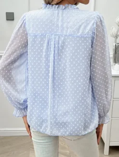 New Women's Shirt Blouse Solid Color Stylish Casual Long Sleeve V Neck Regular Tops Daily Lace Ruffle Patchwork White Pink Blue Khaki Summer Spring Women Lace Tops