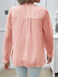 New Women's Shirt Blouse Solid Color Stylish Casual Long Sleeve V Neck Regular Tops Daily Lace Ruffle Patchwork White Pink Blue Khaki Summer Spring Women Lace Tops