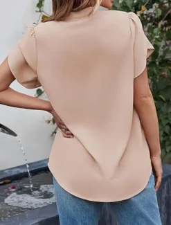 Discount Women's Shirt Blouse Solid Color Basic Casual Short Sleeve Notched Neck Regular Tops Daily Pink Green Summer Women Blouses & Shirts